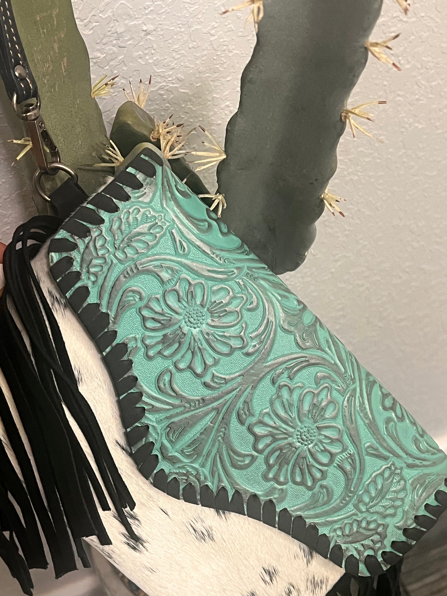 Cowhide purse- with tooled leather and real turquoise