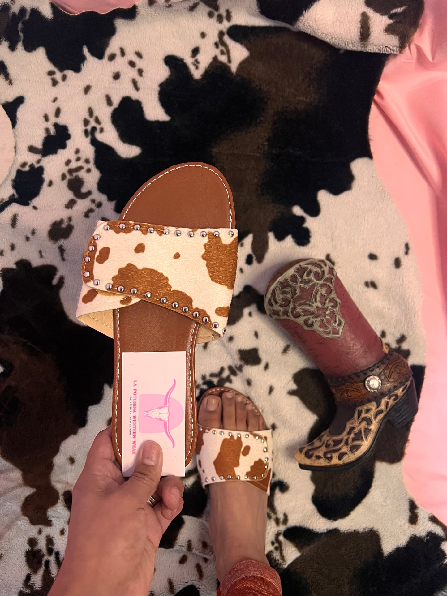 Brown Cow Print Slip On Sandals